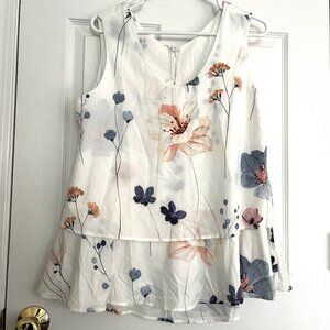 ladies size L sleeveless white blue peach floral layerd hi low top shirt blouse